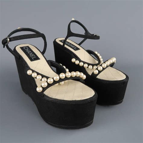 chanel wedge black shoe pearl|chanel suede sandals.